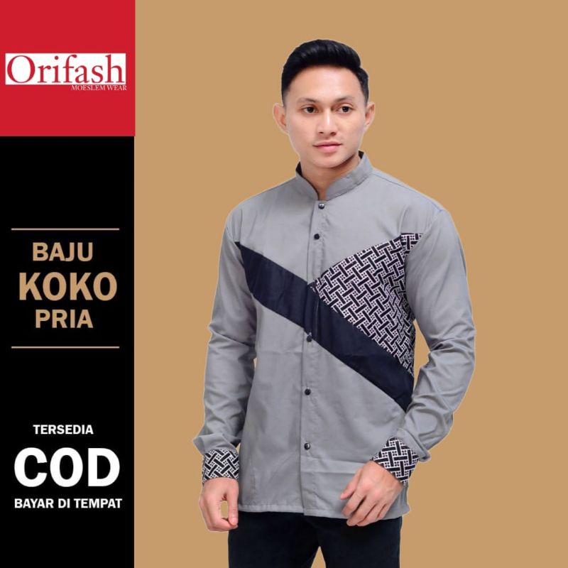 Baju muslim pria lengan panjang kombinasi batik koko pria terbaru material catton halus tebal size M L XL