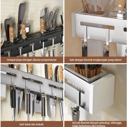 Rak Dinding Dapur Stainless Steel Tempat Taruh Sendok Garpu Pisau 40cm - Hitam