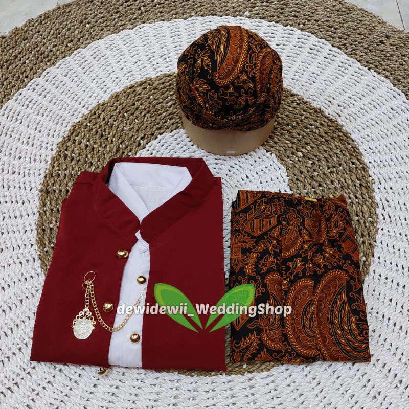 [Full Set] Baju Adat Jawa Cowok / Baju Manggolo / Baju Pagar Bagus | Nuansa Hewes Maroon