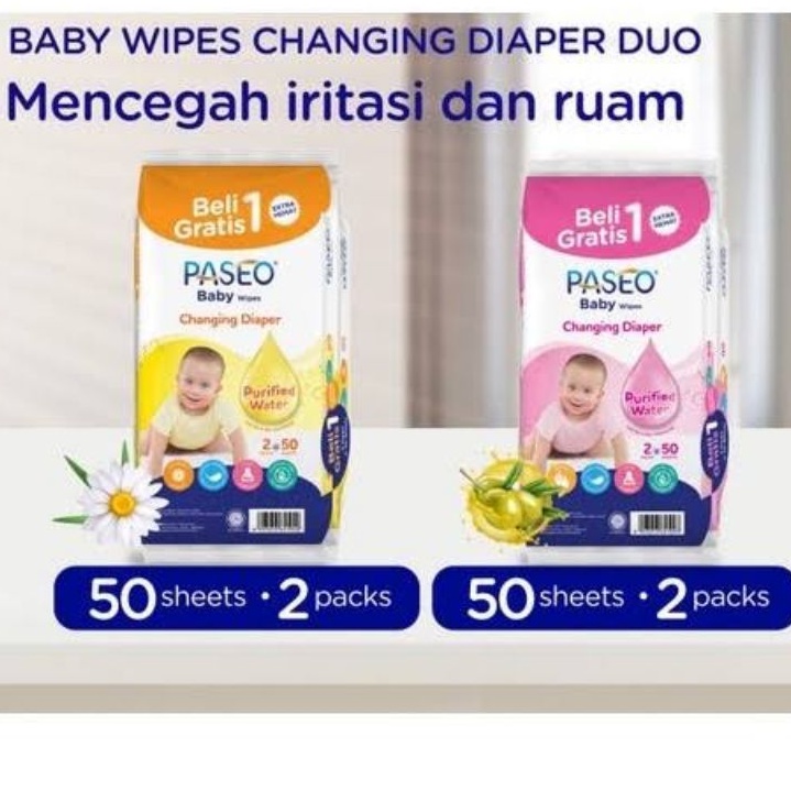 Paseo Baby Changing Diaper 50s + 50s Buy 1 Get 1 - Tissue Basah Paseo Bayi Ganti Popok Anti Iritasi - Tisu Basah Wipes Buy 1 Get 1 - Wipes Buy1Get1