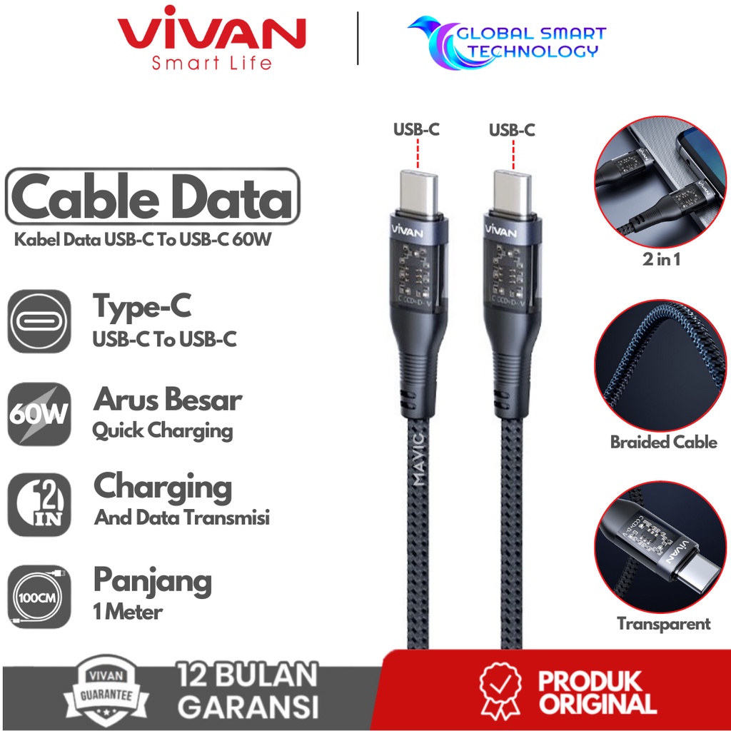 VIVAN Explore-CC USB-C to USB-C PD Quick Charge Data Cable Transparent - Garansi Resmi 1 Tahun