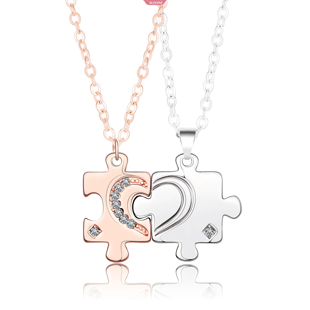 2buah Pria Wanita Pasangan puzzle Liontin Kalung Rantai stainless steel 3jenis Warna Kalung set Perhiasan Hari Valentine [ZXL]