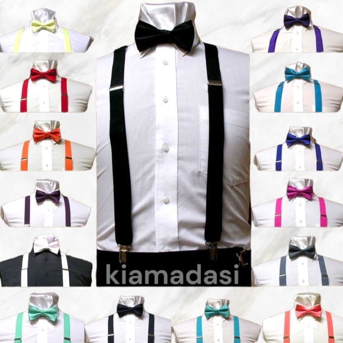 Paket Hemat Suspender Besar 3,5cm Hitam Jepit 3 dan Dasi Kupu Hitam Polos Banyak Warna