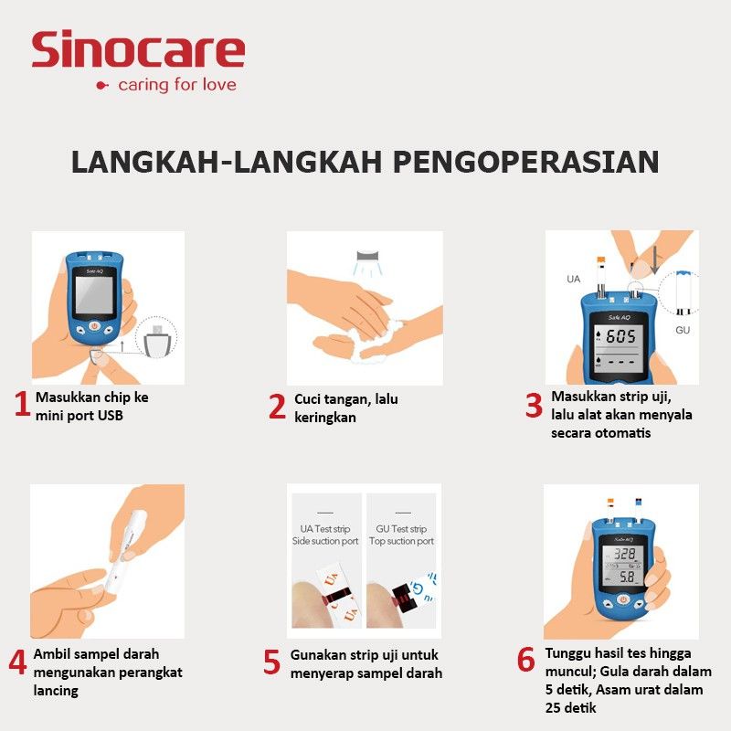 (Garansi 1 Tahun) Sinocare Alat Cek Asam Urat Gula Darah Sinocare Safe AQ UG Original