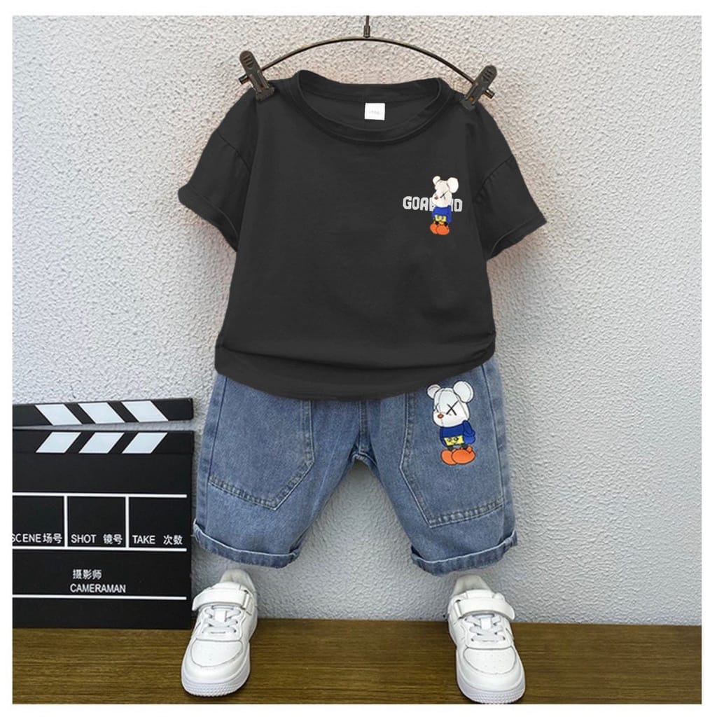 SETELAN ANAK BAJU KAOS CELANA PENDEK BAHAN DENIM UMUR 1-5 TAHUN