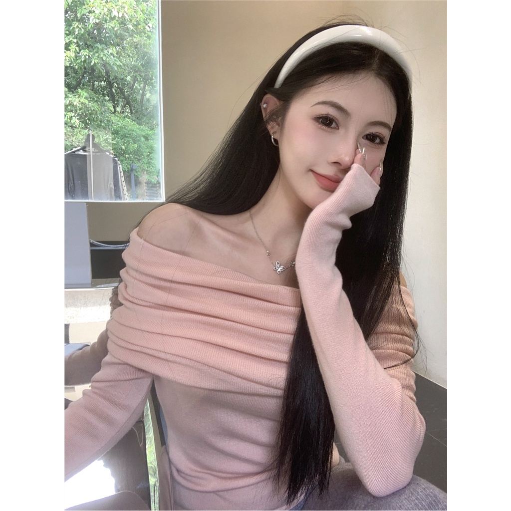 ☾✶Suhao one-shoulder rajutan sweater wanita musim gugur merah muda angin lembut bagian pendek slim slim off-shoulder lengan panjang bottoming shirt top