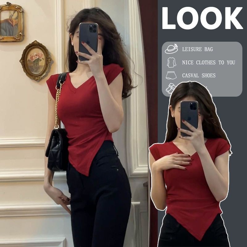 ✈♙Suhao merah slim fit dan tipis V-neck bahu depan lengan pendek T-shirt wanita musim panas rasa desain ceruk pendek hot gadis kecil terbang lengan atas