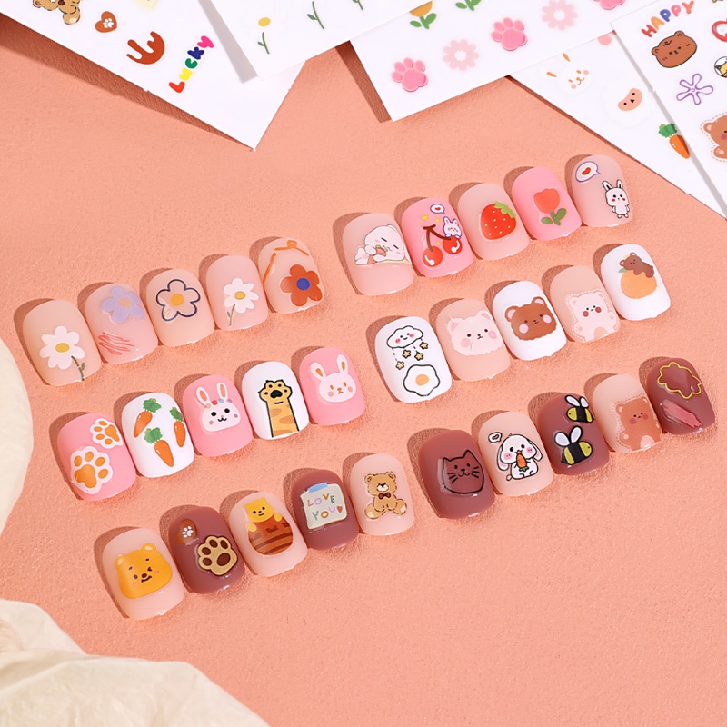 1lembar 3D Kartun Beruang Wortel Kelinci Stiker Kuku Hewan Bunga Perekat Diri Kuku Stiker DIY Manicure Art Supplies