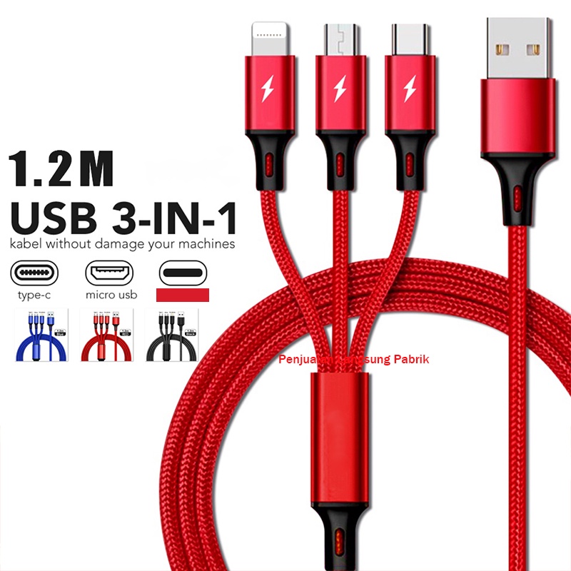 【LIPI】Max 3A Untuk Iphone / Android Kabel Data USB 3 in 1 Fast Charger iOS + Micro USB + Type C Quick Chargre 1.2M Nylon Braided Cable