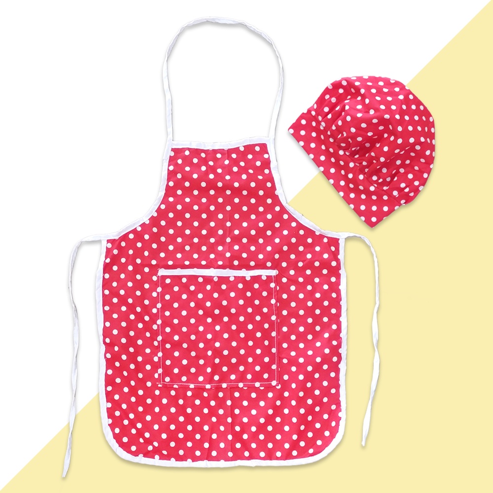 Celemek Anak Plus Topi Koki Motif Polkadot Sewarna Murah