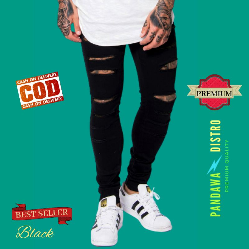 CELANA SOBEK PRIA RIPPED JEANS ROBEK SLIMFIT PENSIL SKINNY STRETCH PANJANG HITAM PREMIUM 27-38