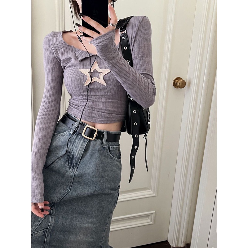 ⊕▪Suhao Inner Pendek Pullover Top Gaya Korea Chic Pola Bintang Musim Gugur Slim Lengan Panjang T-shirt Kemeja Wanita Retro