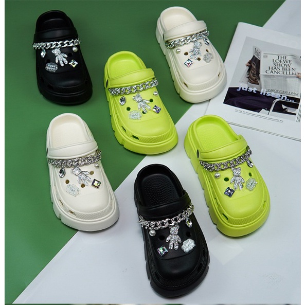 EVA Sandal Slop Wanita Korean Import Spons Rubber Tebal Tinggi Karet Ringan Super Empuk Anti Slip TEDDY RANTAI  TAPAK TEBAL 5-6CM