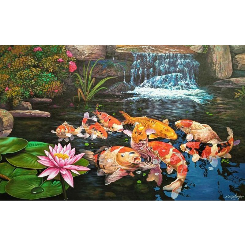 bingkai foto hiasan dinding lukisan cetak ikan koi kolam plus bingkai ukuran 100×50