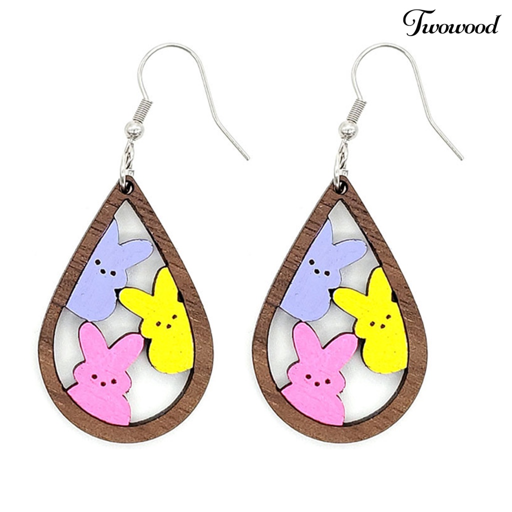 Twowood 1pasang Anting Kait Tetesan Air Berbentuk Hollow Kayu Hadiah Fashion Perhiasan Warna-Warni Bunny Kelinci Menjuntai Anting Untuk Paskah