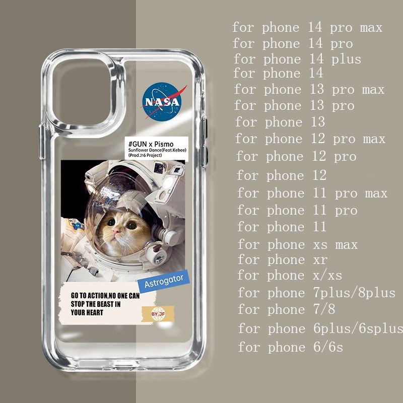 Casing Soft Phone Case Astronot Kucing Putih Kompatibel Untuk IPhone 14 13 12 11 Pro XS Max X XR 78 6 6S Plus Transparan Shockproof Casing TPU Cover