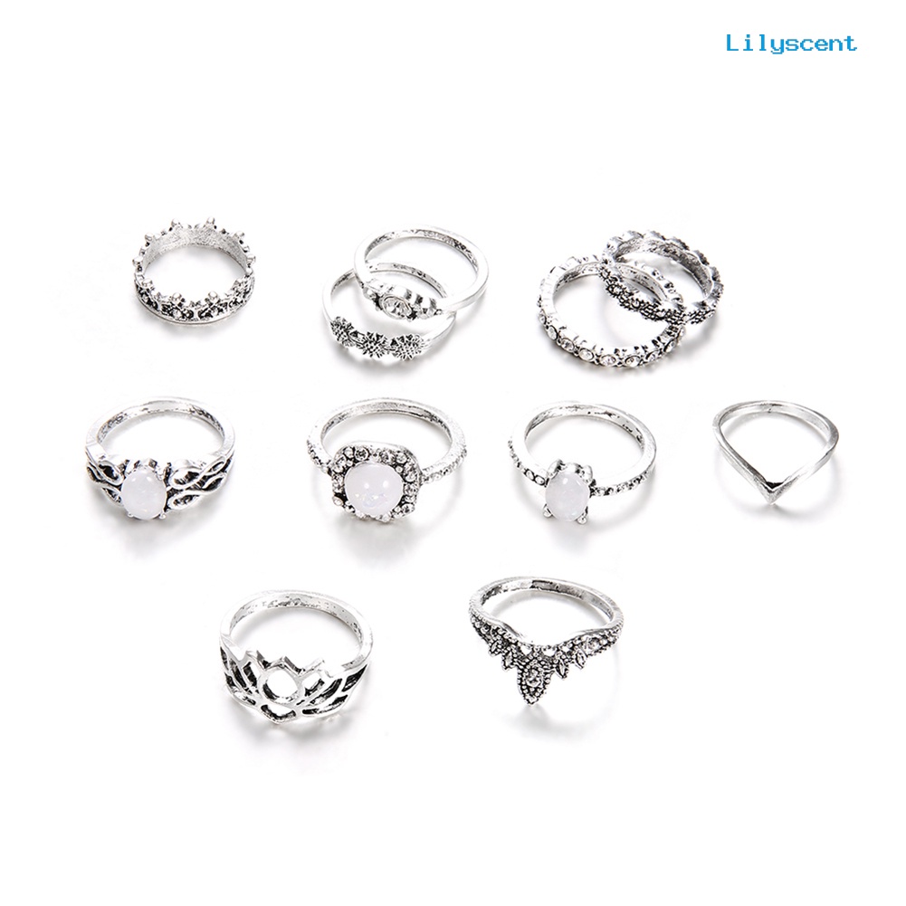 [LS]11Pcs Set Perhiasan Wanita Faux Opal Berlian Imitasi Knuckle Susun Bersama Rings Band