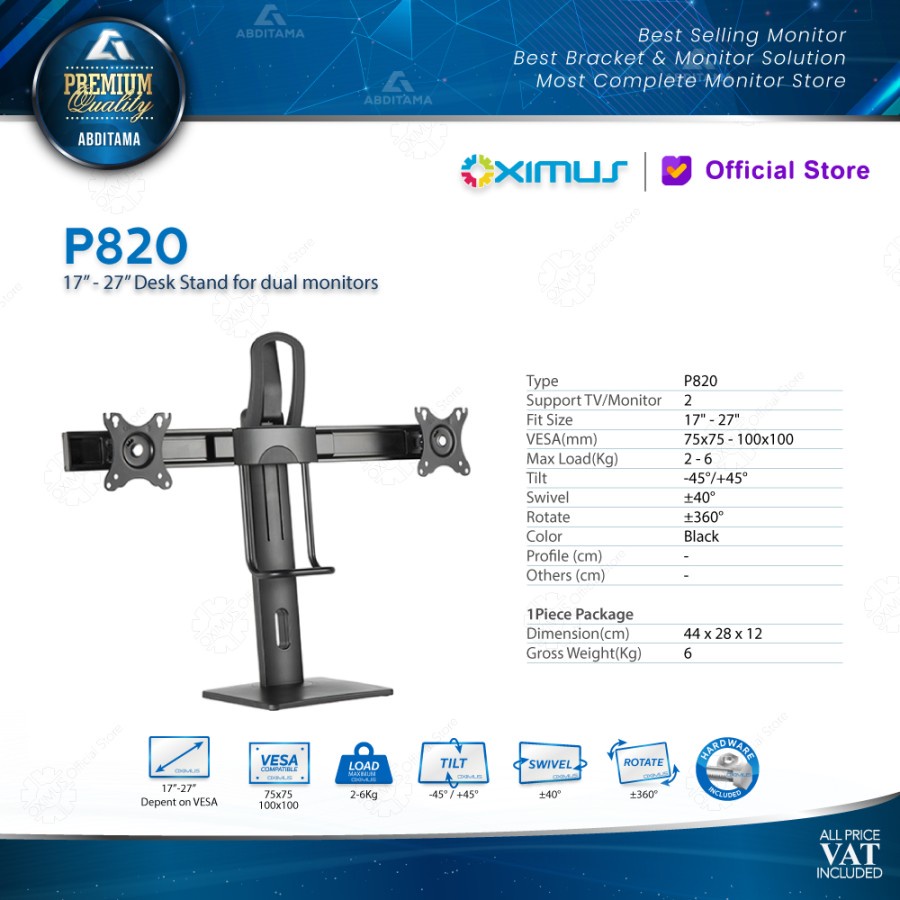 OXIMUS P820 | BRACKET DESK STAND MEJA DUAL MONITOR NAIK TURUN 17&quot;- 27&quot;