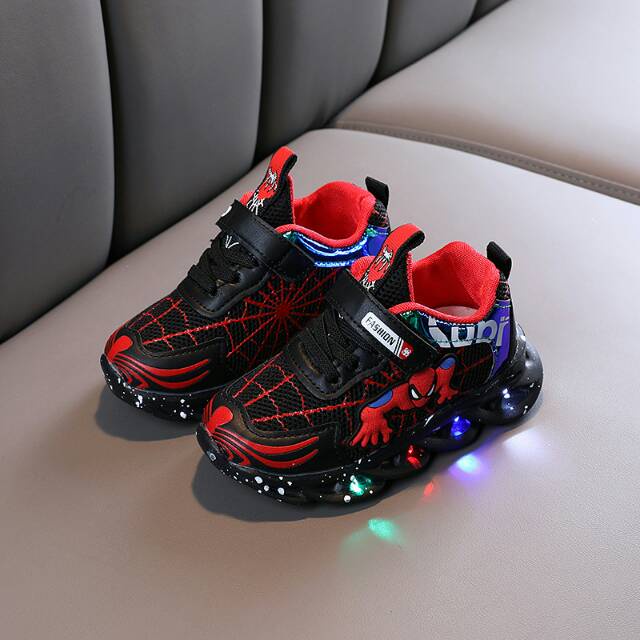 Sepatu anak spiderman new led gliteran manik manik kedap kedip merah// hitam