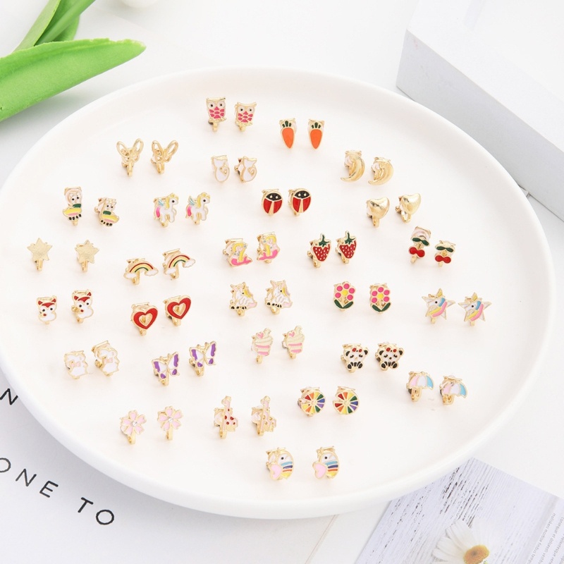 Sa 28pasang Anting Clip-on Warna Campur Cocok Untuk Telinga Non Bolong Hewan Cantik Bunga Hati Buah Anting