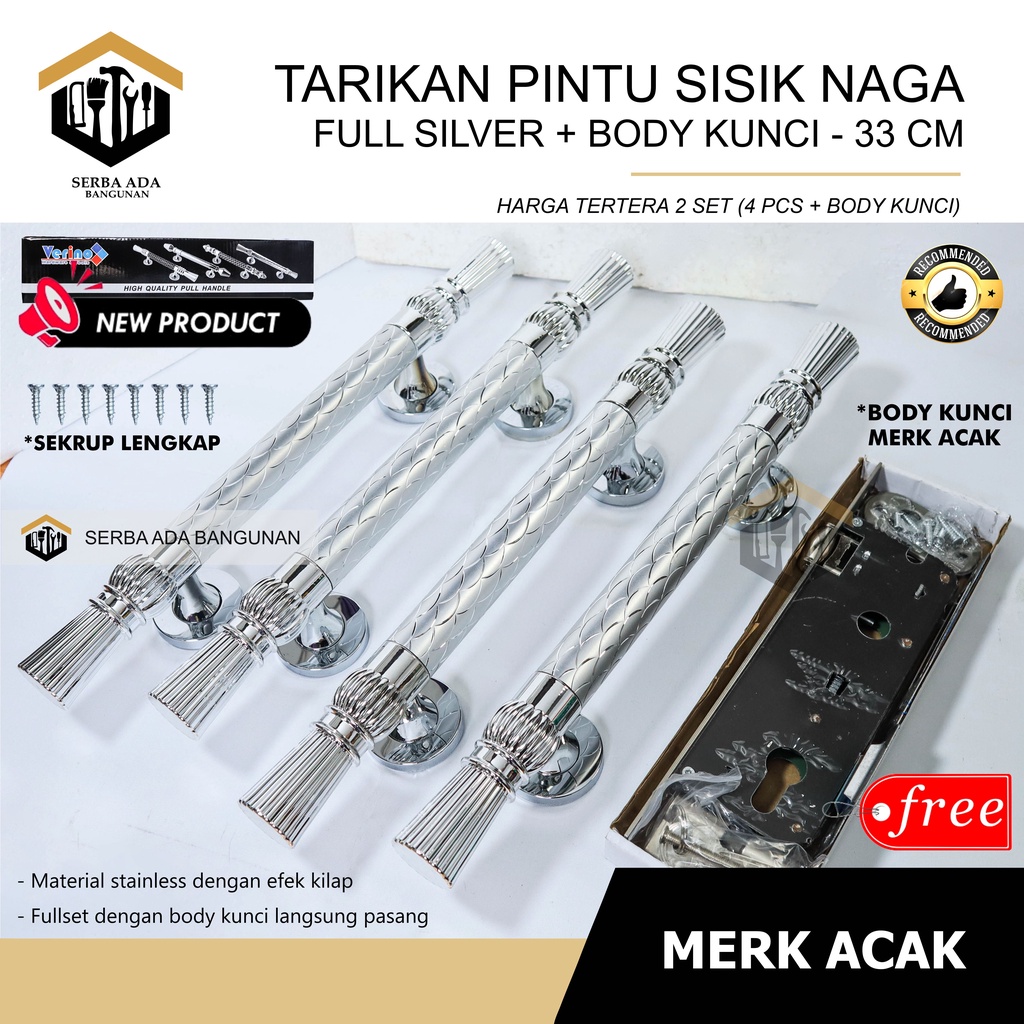 (PAKET PINTU TARIKAN SISIK NAGA) 1 set body kunci pintu + 4 pcs handle tarikan berkilau mewah elegan 35cm