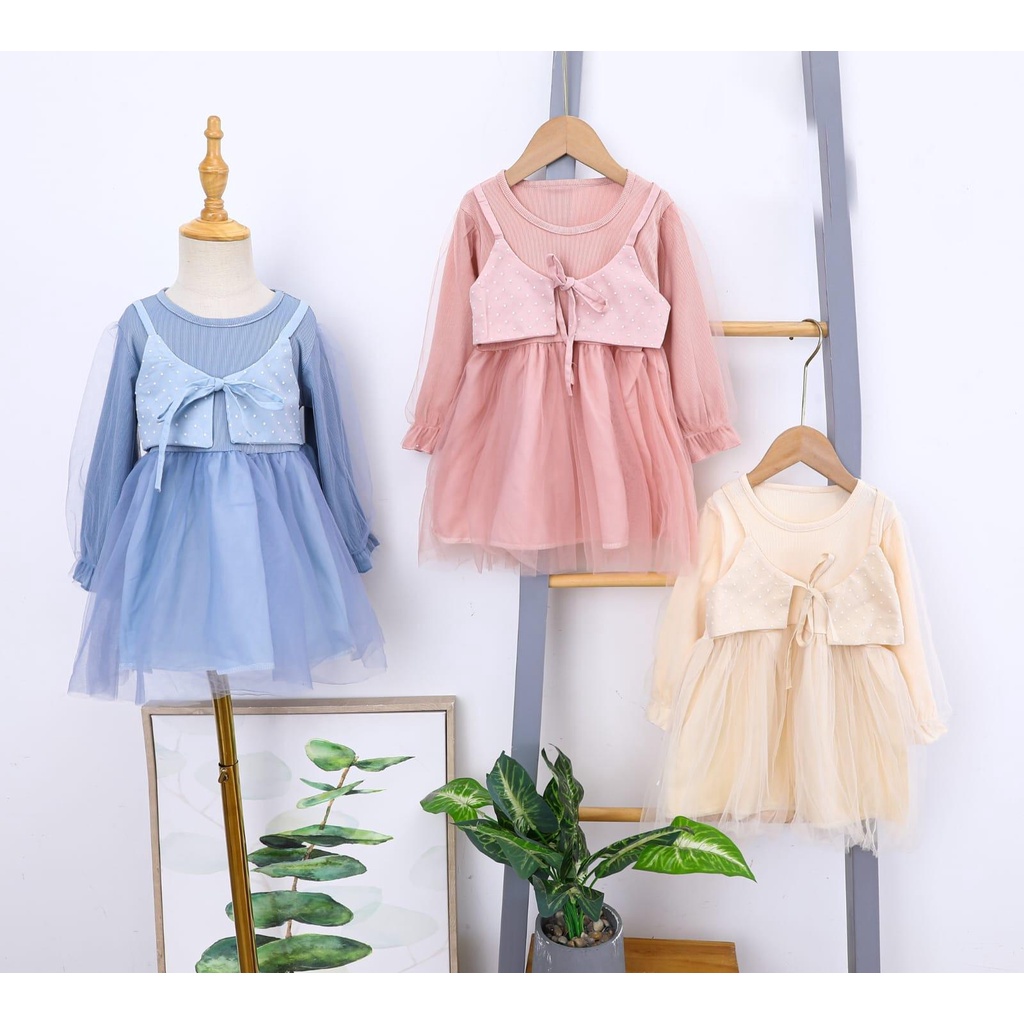 KFCAT Dress Gaun Rok Lengan Panjang Anak Perempuan Katun Polos Rompi Tile Pita Cantik Party Style 6Bulan-3Tahun