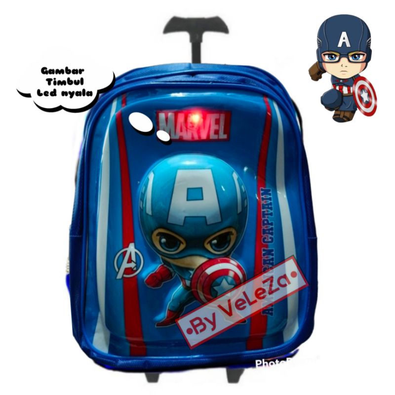 Tas troli anak karakter superhero kapten led gambar 3D - Tas sekolah TK SD - Tas troli