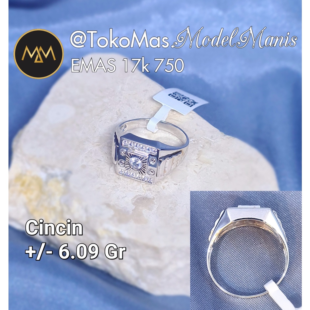 Cincin emas putih pria kotak mur emas 750 kadar 17k