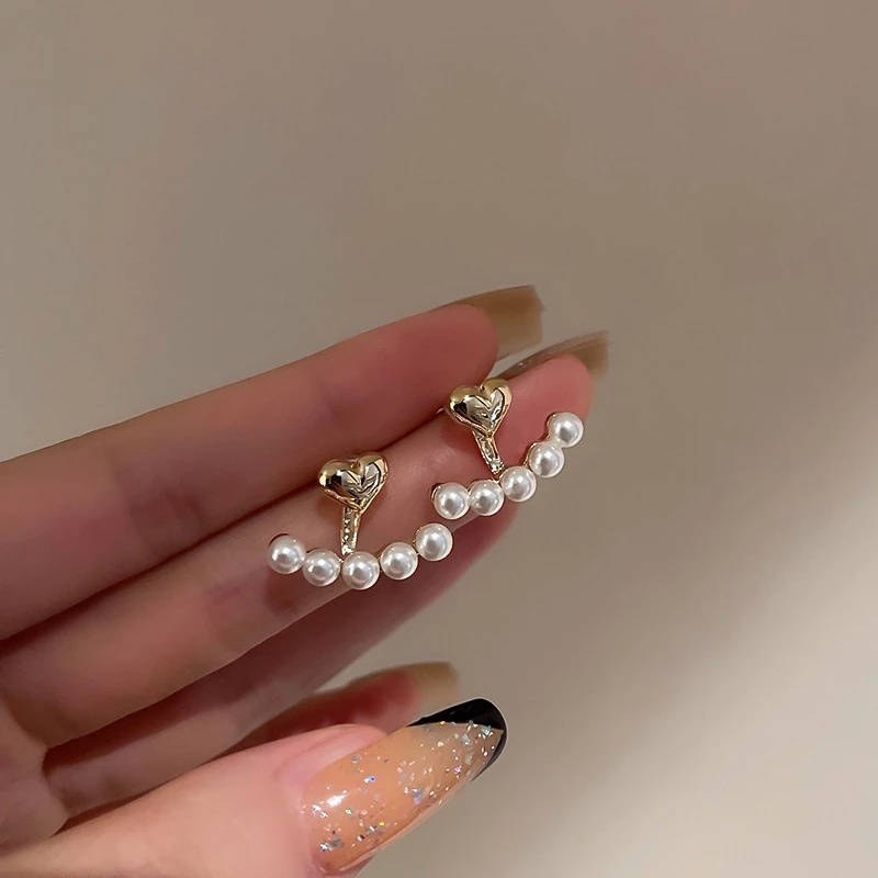 Wanita Elegan Korea INS Ladies Bridal Logam Berbentuk Hati Mutiara Anting Pesta Pernikahan Zirkon Mengkilap Indah Stud Earring Gadis