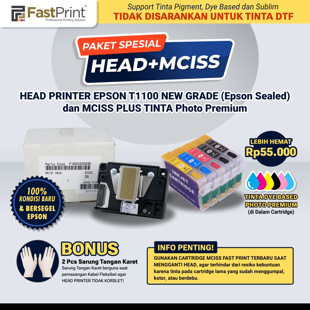 Head Printer Epson T1100 T30 L1300 New Ori Plus Cartridge MCISS INK