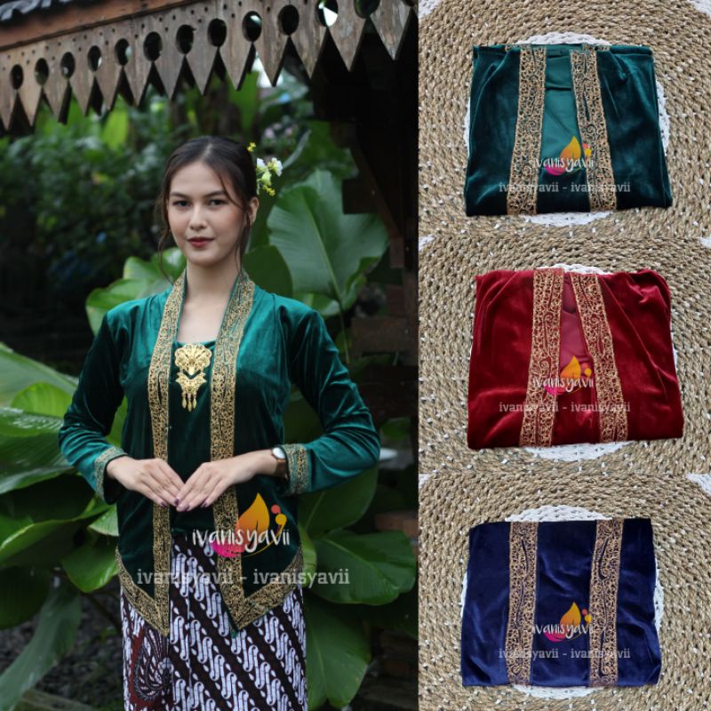 Kebaya Bludru Kutubaru Bordir Cantik | Model Amora - Warna Hijau Botol