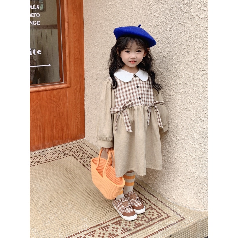 Dress Anak Perempuan Impor Lengan Panjang Motif Kotak Pita Korean Style import 1-4 Tahun