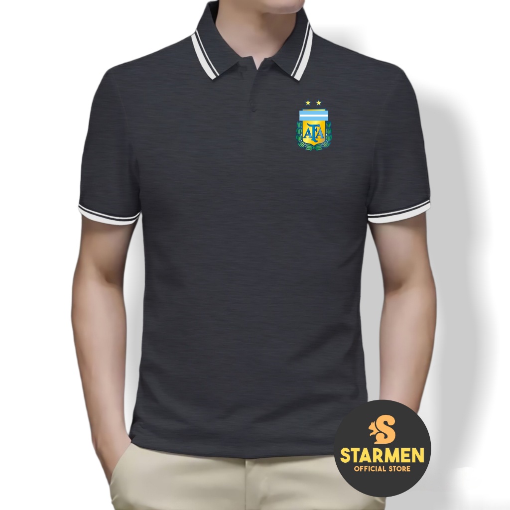 Kaos Polo Shirt Pria Kerah List Putih logo ARGENTINA