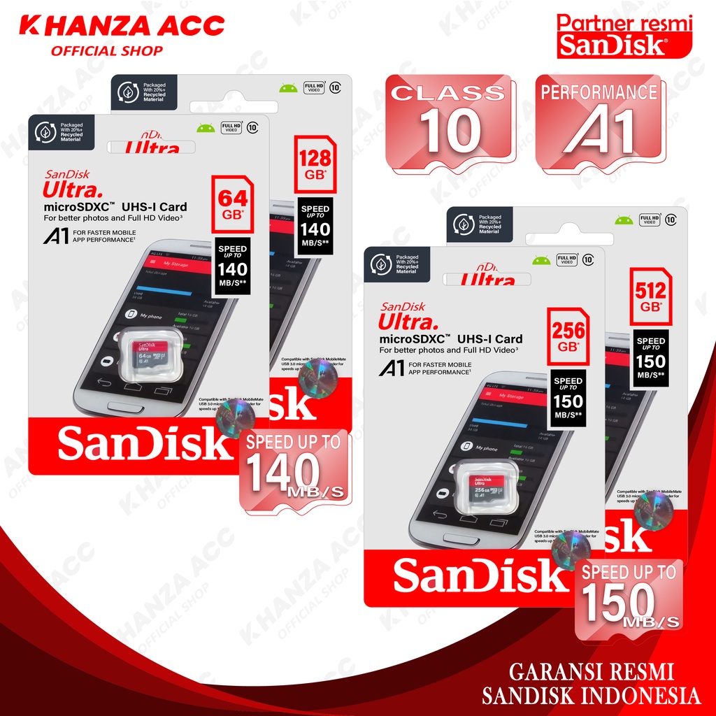 KHANZAACC SANDISK 512GB Micro SD Kartu Memori Handphone Class 10