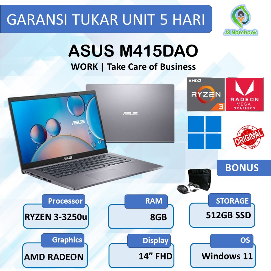 ASUS M415DAO RYZEN 3-3250u 8GB 512SSD WIN11+OHS 14"FHD