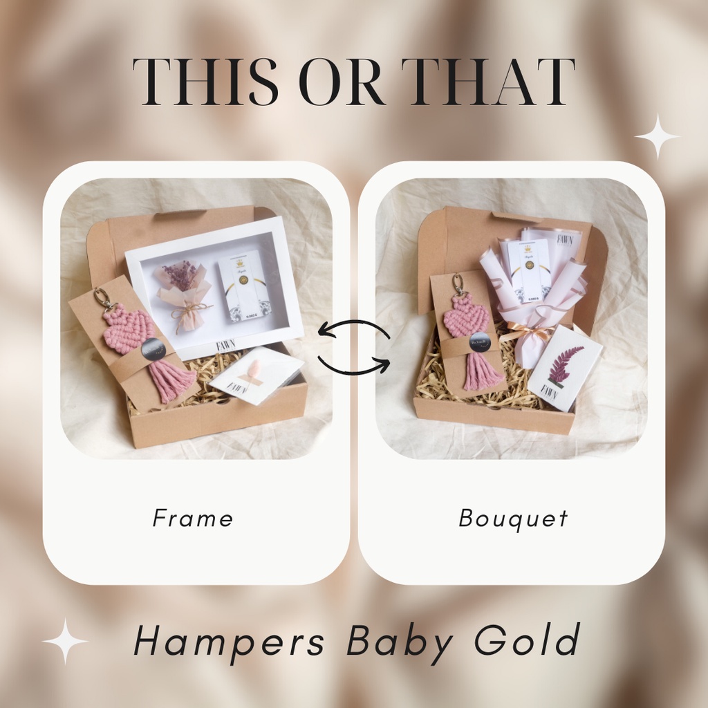 

Set Hampers Frame/Bouquet baby gold Macrame/Kado/valentine/hari ibu/natal/wisuda