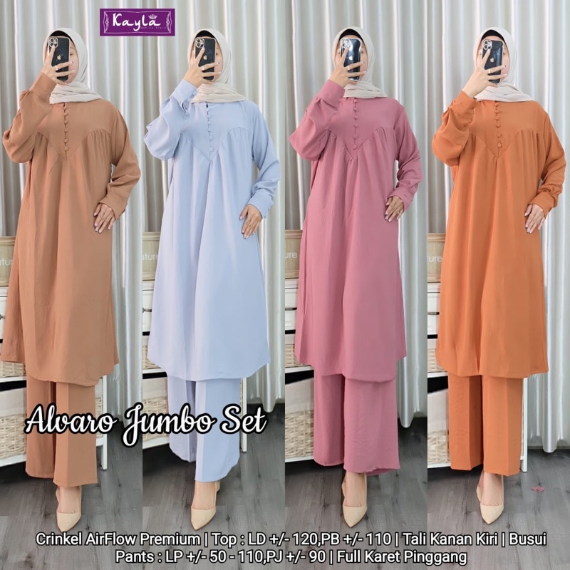 ALVARO JUMBO SET ORIGINAL BY KAYLA | ONESET SETCEL SETELAN LONG TUNIK DAN KULOT CRINCLE AIRFLOW PREM