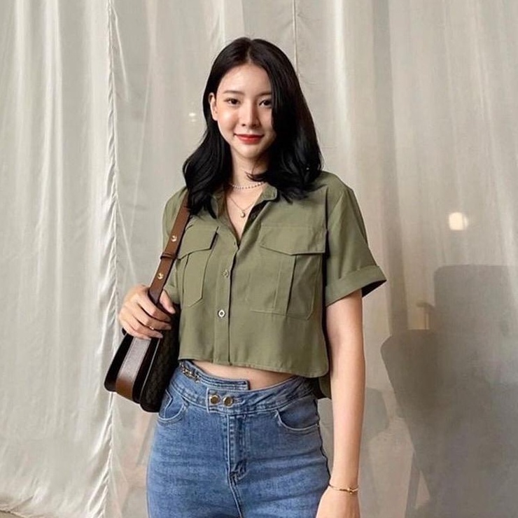 (RPA) KEMEJA SUZAN CROP TOP BLOUSE ATASAN WANITA LINEN PREMIUM