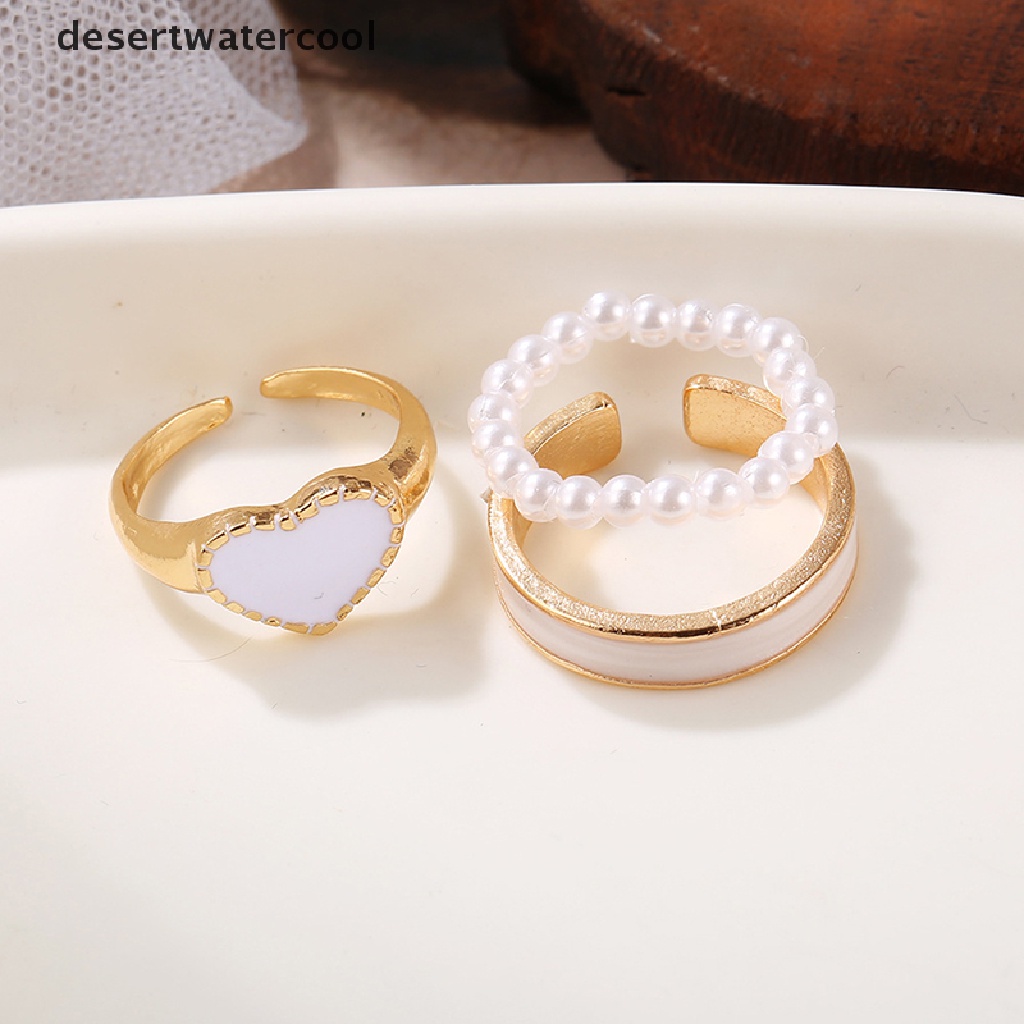 Deid 3Pcs/Set Enamel Jantung Cincin Korea Fashion Mutiara Cincin Untuk Wanita Geometris Rantai Tidak Teratur Bentuk Pembukaan Cincin Set Buku Jari Perhiasan Martijn