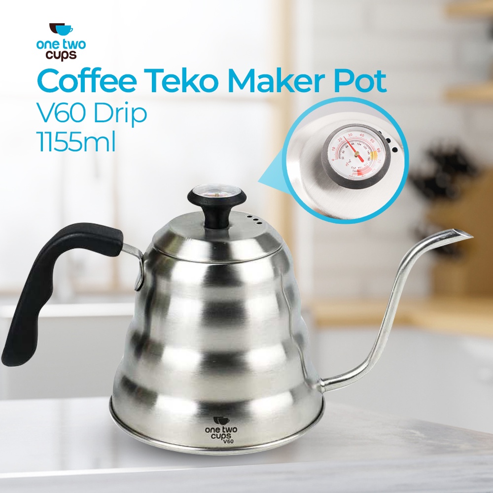 Coffee Maker Pot V60 Drip Kettle Teko Barista 1200ML with Thermometer - 7RHX2MSV Silver