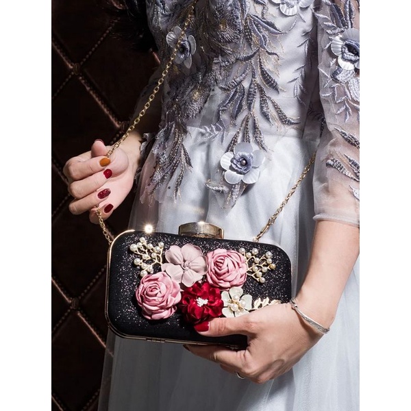 LAJOREE Flower Blink Clutch Tas Selempang Wanita Pesta Motif Bunga Mewah Elegan Clutch Kondangan Cantik Glitter