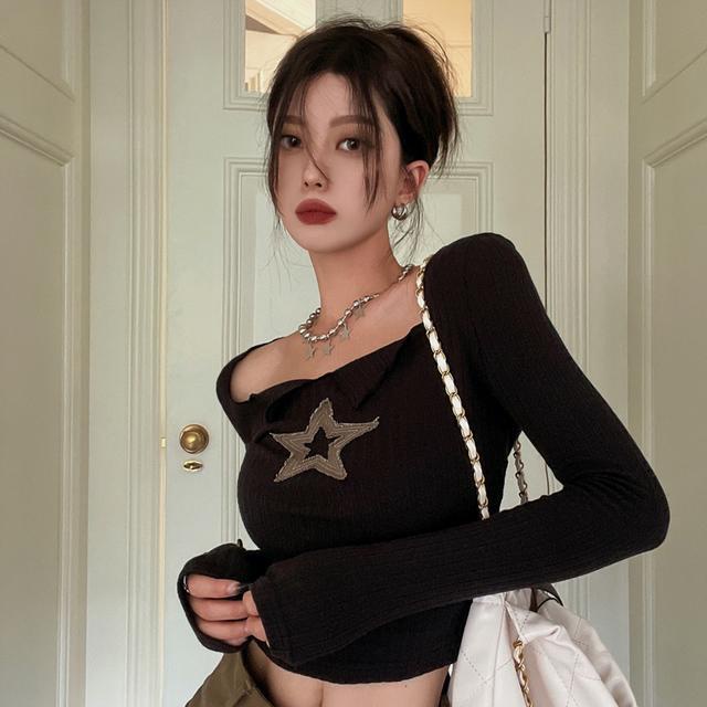 ✖✽Suhao Versi Korea dari Bintang Lengan Panjang T-shirt Wanita 2022 Musim Gugur Baru Seksi Slim Kemeja Retro Chic atasan Pendek
