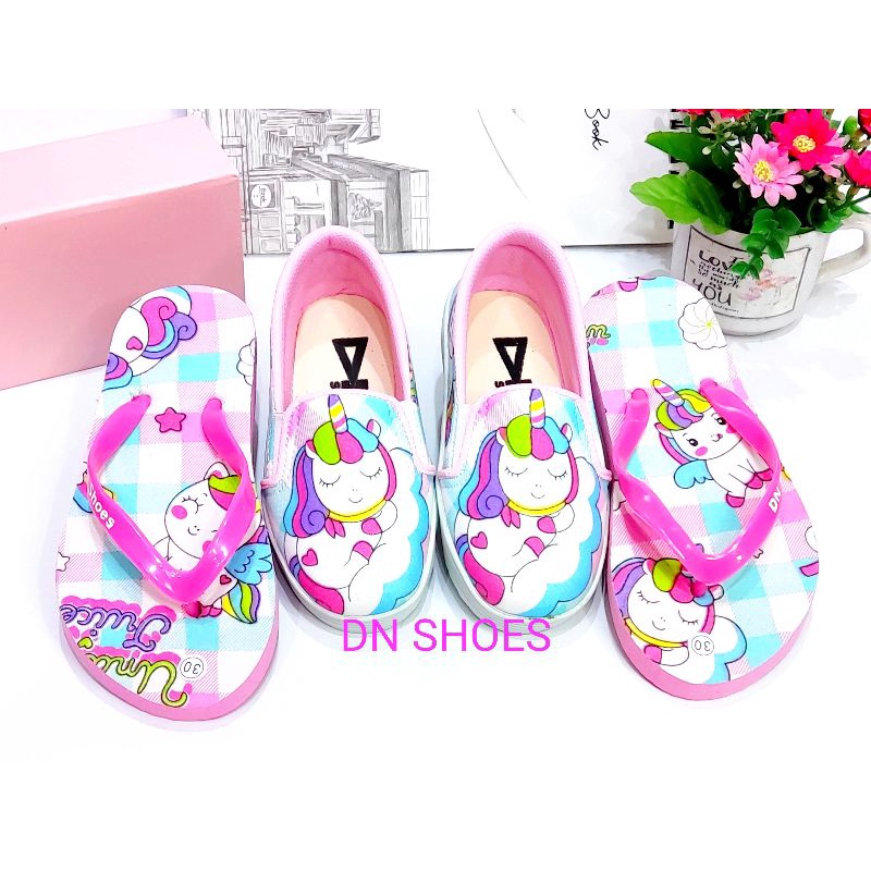 Paket Sepatu Anak Perempuan Sepatu dan Sandal Anak Slip On dan Sandal Jepit Anak Perempuan Murah Lucu Karakter Unicorn Pink Juice