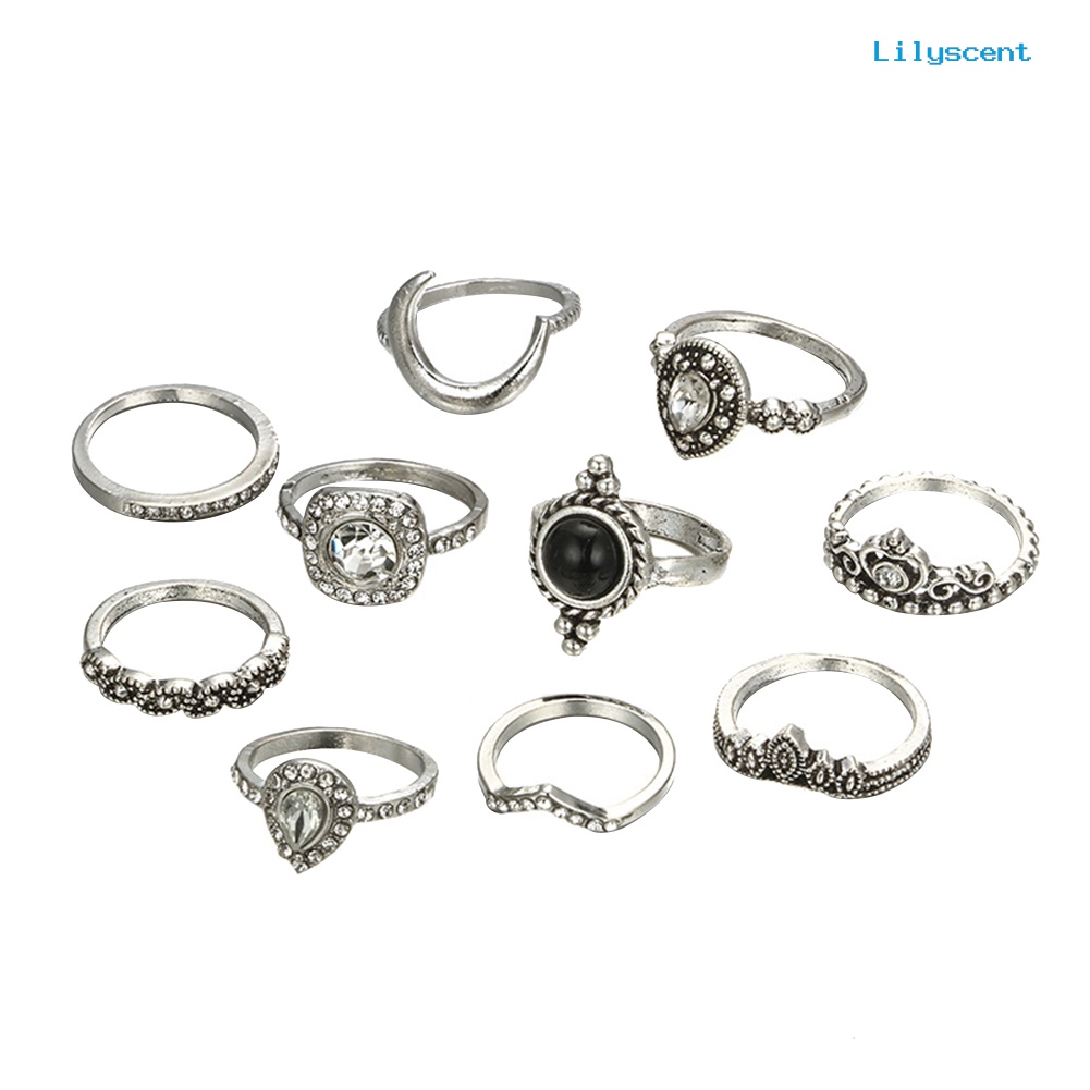 [LS]10Pcs Vintage Mahkota Pir Berlian Imitasi Wanita Knuckle Midi Jari Susun Rings