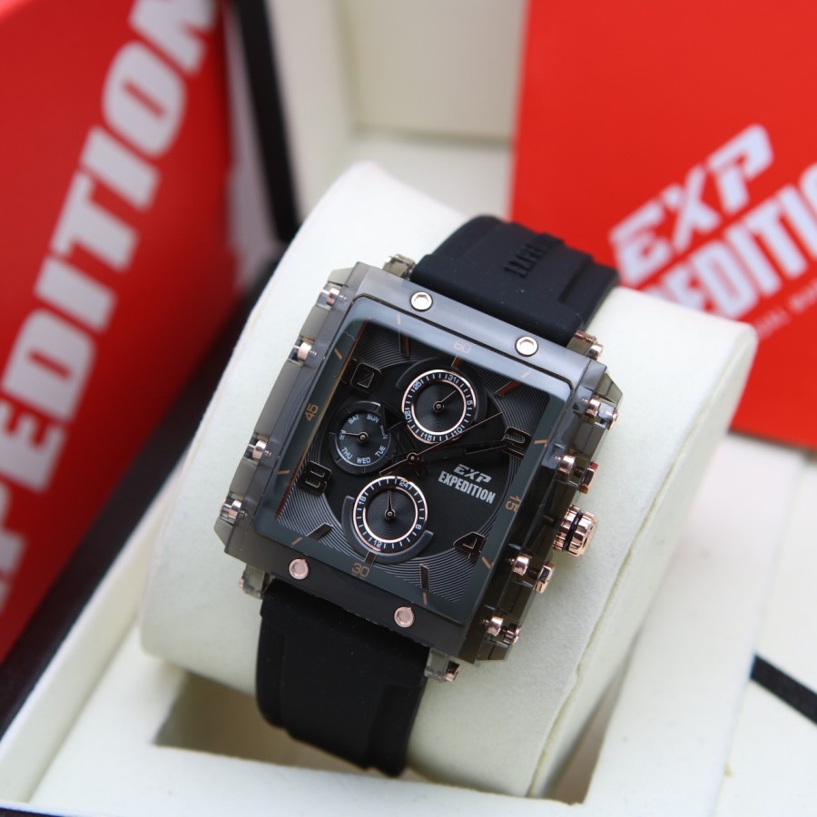 JAM TANGAN WANITA EXPEDITION E 6808 FULL BLACK LIST ROSEGOLD RUBBER ORIGINAL GARANSI RESMI 1 TAHUN