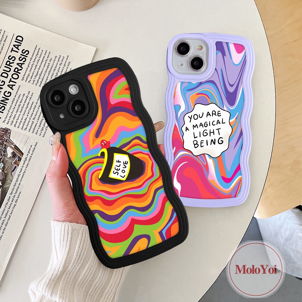 IPHONE Casing Ponsel Kompatibel Untuk Iphone11Xr7 8 6 6s 14plus14 13 11 12 Pro Max X XS Max SE 2020 Casetify Self Love Label Watercolor Wavy Edge Soft Tpu Rainbow Back Cover