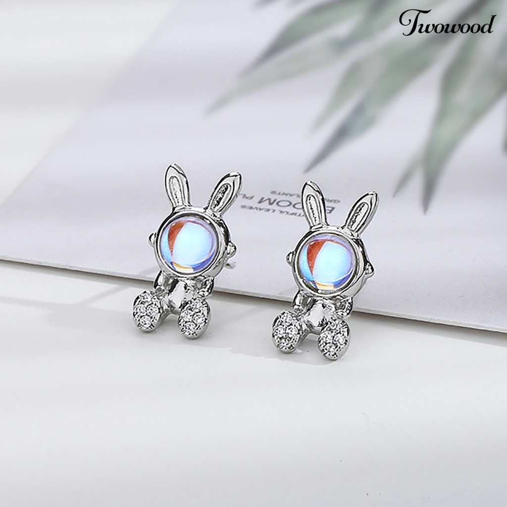 Twowood 1pasang Ear Studs Faux Moonstone Mini Bawa Keberuntungan Bling Berlian Imitasi Kelinci Bunny Wanita Anting Perhiasan Aksesoris