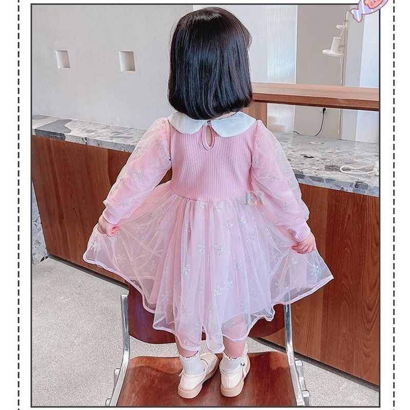 LNR Shop Free Tongkat Sihir + Mahkota Gaun Dress Anak Perempuan Motif Frozen Dengan Kerah Lengan Panjang Rok Tutu Dua Layer Birthday Party Gaun Pesta Ulang Tahun Princess Bahan Cotton Halus Tangan Ruffle Dress Natal Lebaran Hari Raya Idul Fitri Imlek