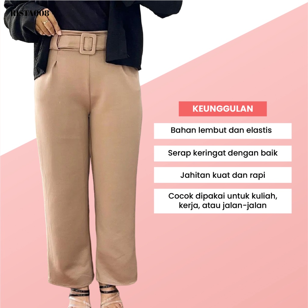 Celana Panjang Kulot Scuba Sabuk Highwaist Pants Outfit Remaja Kekinian Casual Simple