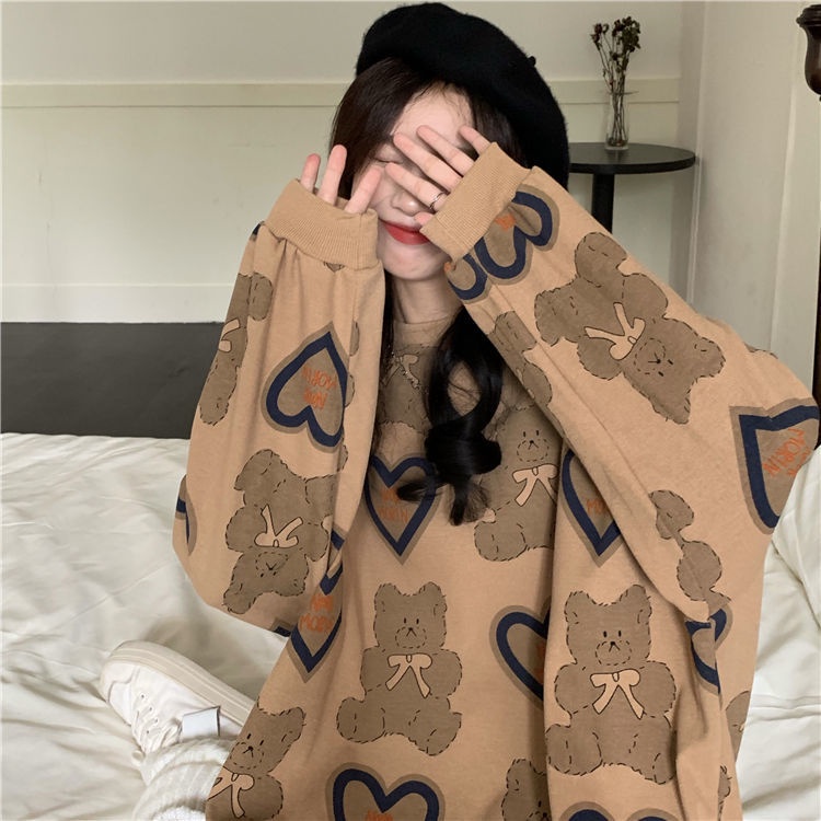 Sweater Wanita Oversize KAWAI BEAR Fashion Terkini Blouse CrewneckAla Korean Motif Cute Kekinian